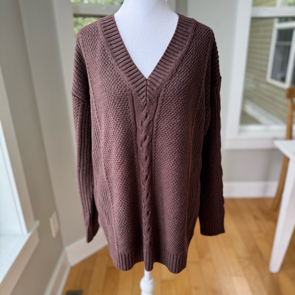GAP Chocolate Brown Cableknit Cotton V Neck Tunic Sweater Size Small